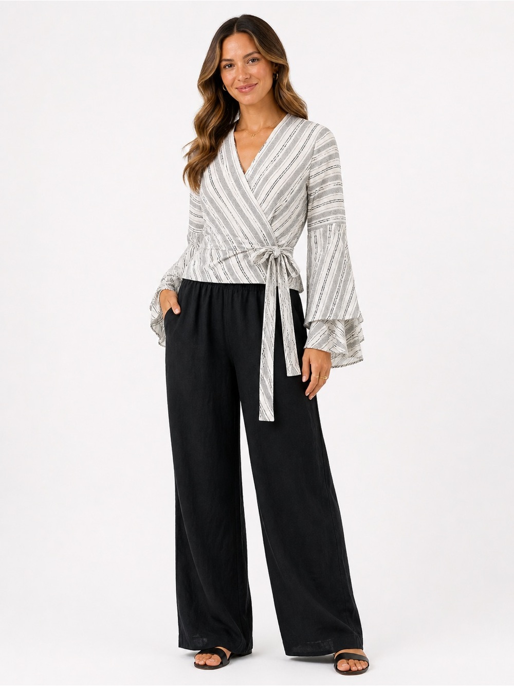 Shona Joy Black & White Wrap Blouse w/ Bell Sleeves